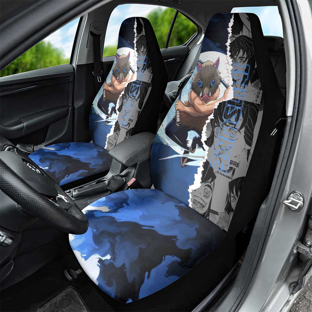 Inosuke Demon Slayer Blue and Black Theme Car Seat Cover with Boar Mask and Manga Collage Action Design - The Mazicc