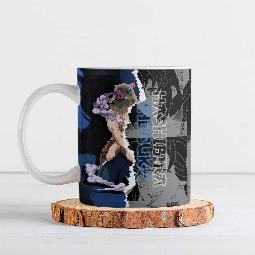 Inosuke Demon Slayer Blue and Black Theme Ceramic Mug with Boar Mask and Manga Collage Action Design - The Mazicc