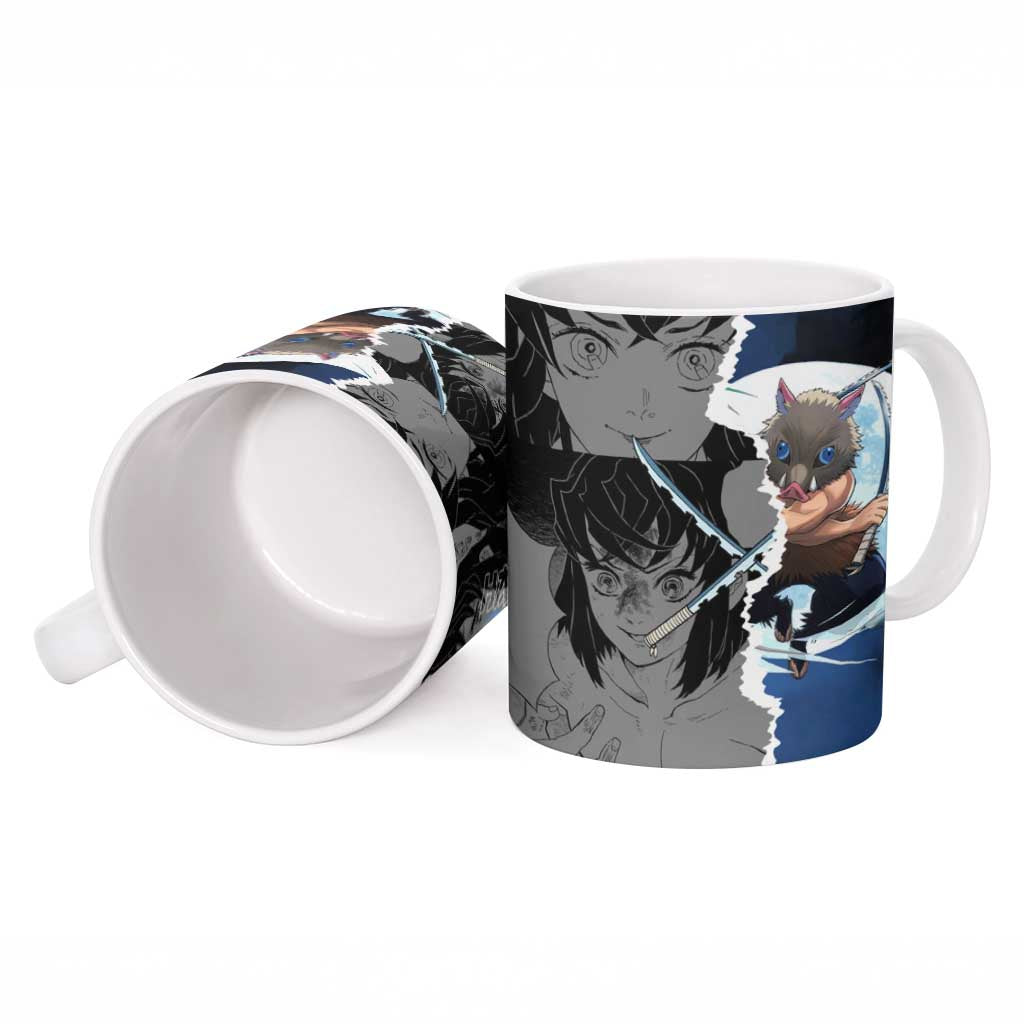 Inosuke Demon Slayer Blue and Black Theme Ceramic Mug with Boar Mask and Manga Collage Action Design - The Mazicc
