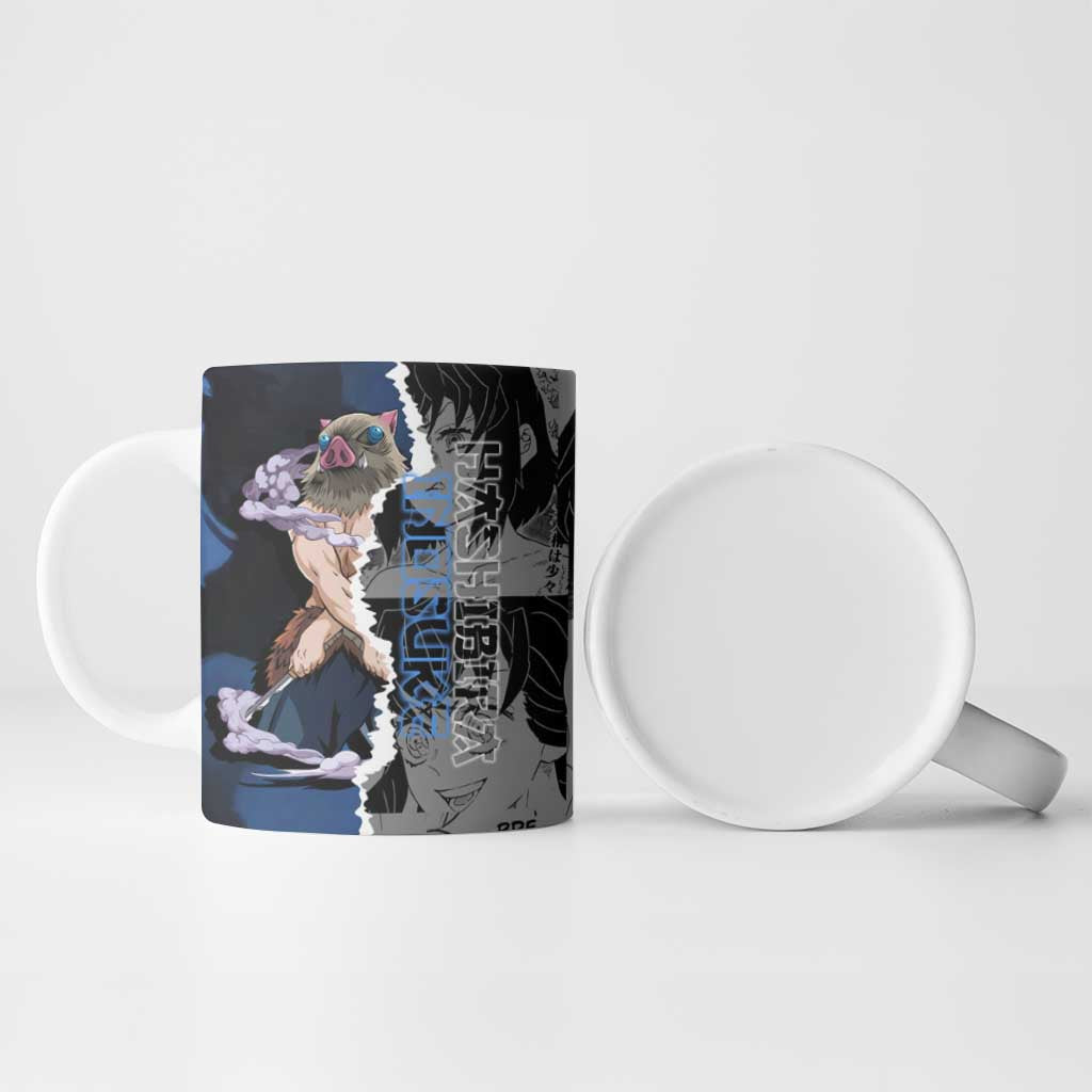 Inosuke Demon Slayer Blue and Black Theme Ceramic Mug with Boar Mask and Manga Collage Action Design - The Mazicc