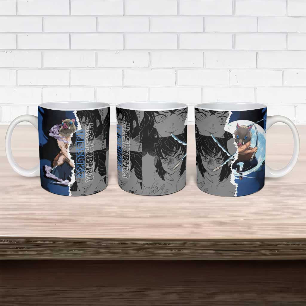 Inosuke Demon Slayer Blue and Black Theme Ceramic Mug with Boar Mask and Manga Collage Action Design - The Mazicc
