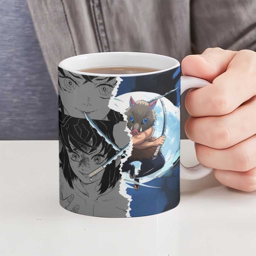 Inosuke Demon Slayer Blue and Black Theme Ceramic Mug with Boar Mask and Manga Collage Action Design - The Mazicc