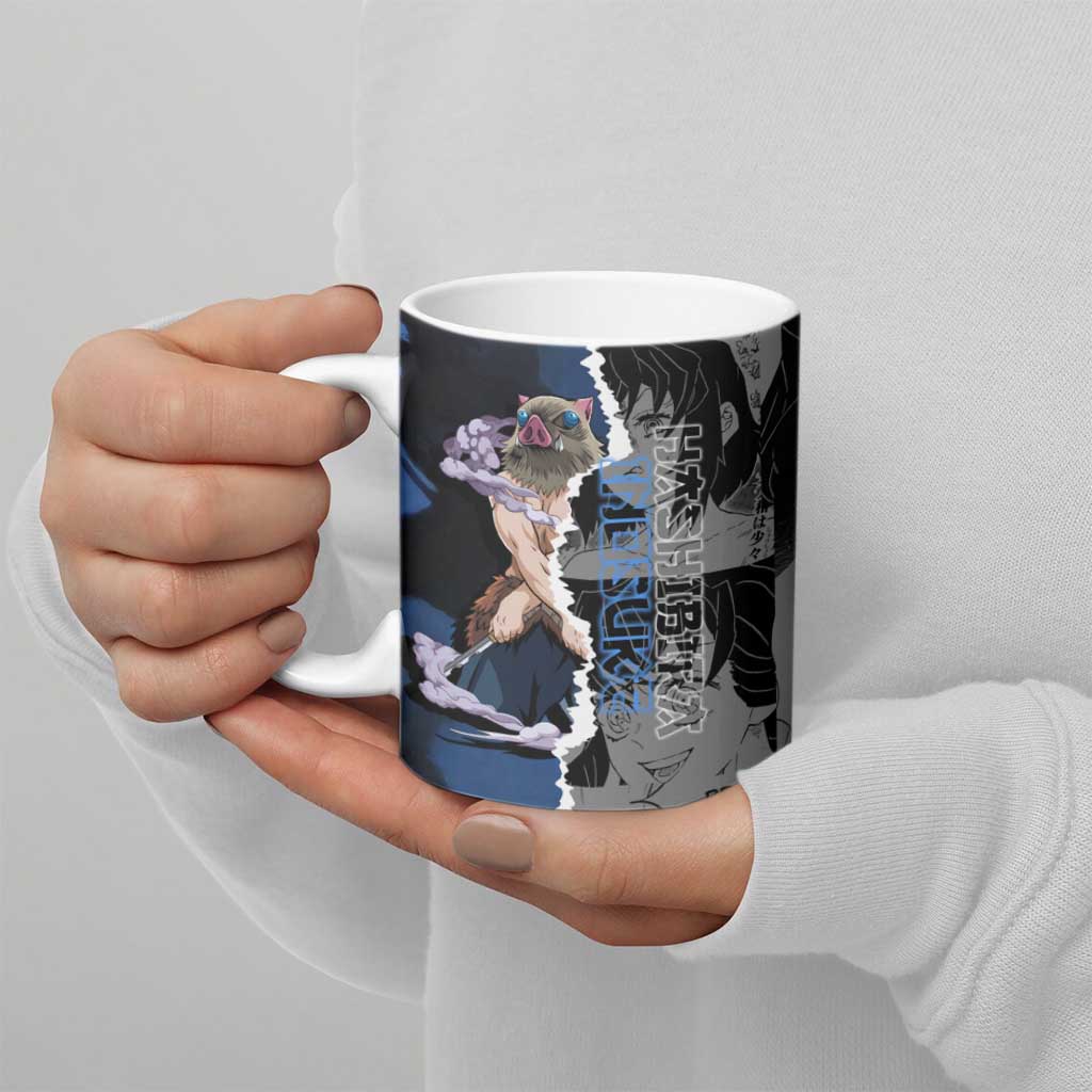 Inosuke Demon Slayer Blue and Black Theme Ceramic Mug with Boar Mask and Manga Collage Action Design - The Mazicc