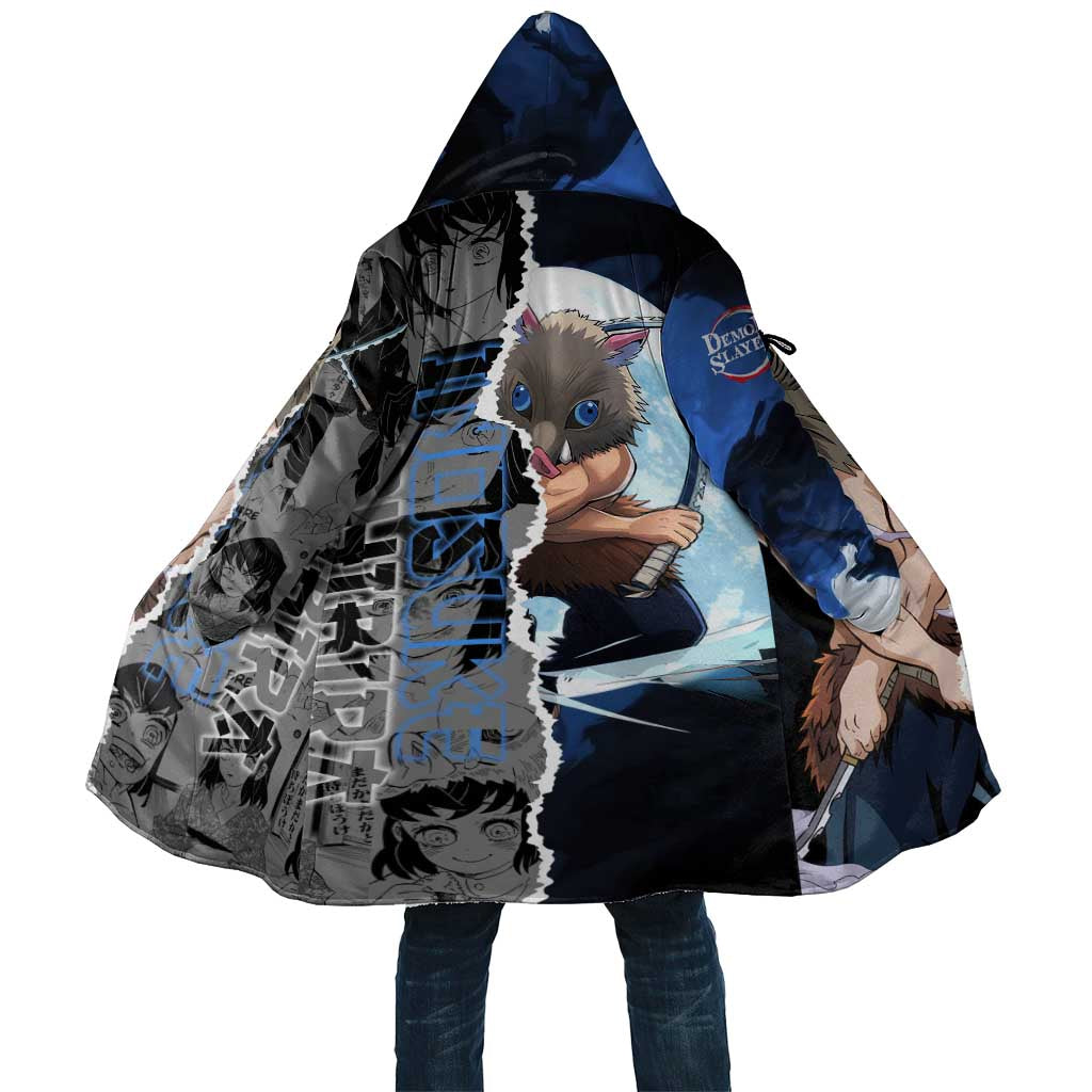 Inosuke Demon Slayer Blue and Black Theme Cloak with Boar Mask and Manga Collage Action Design - The Mazicc