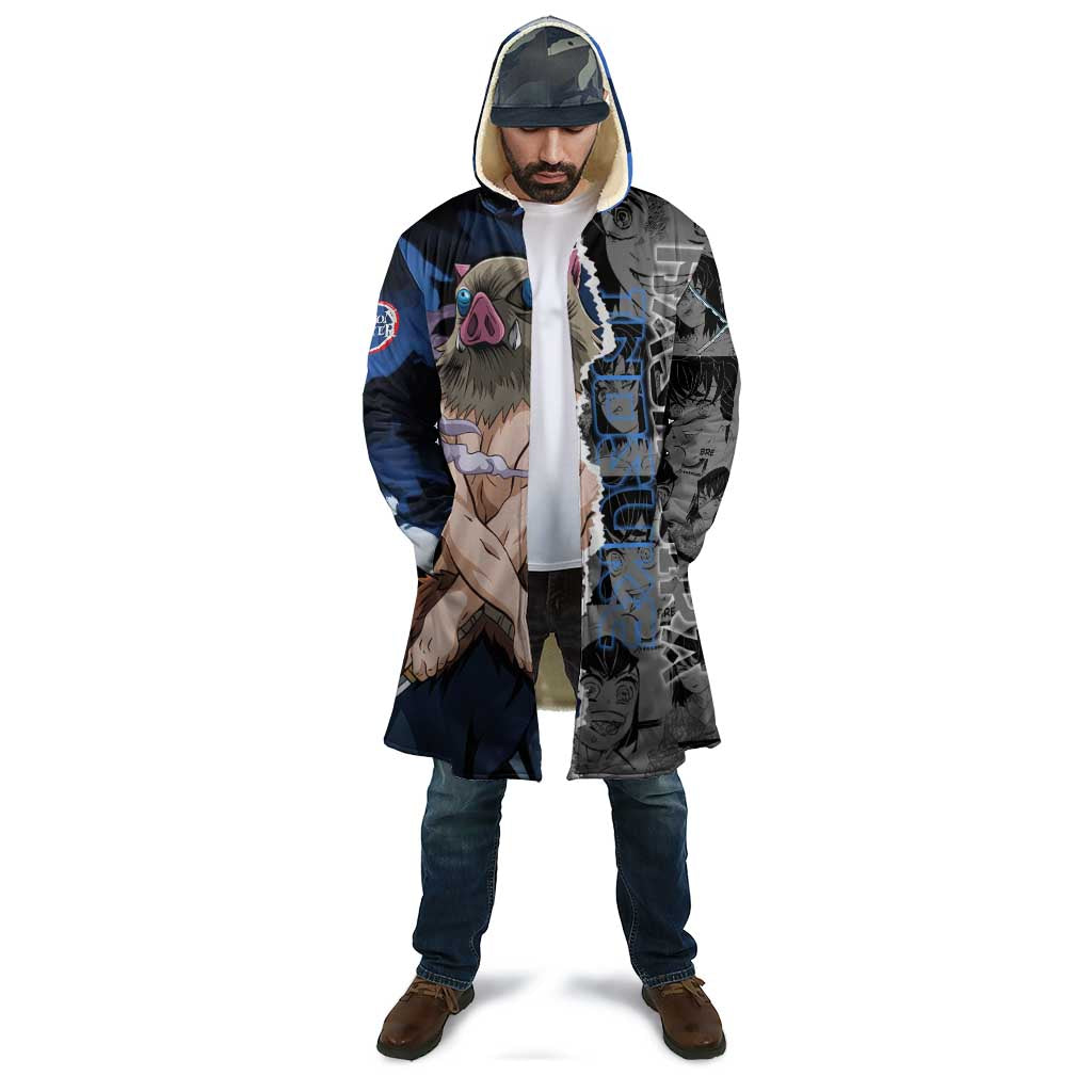 Inosuke Demon Slayer Blue and Black Theme Cloak with Boar Mask and Manga Collage Action Design - The Mazicc