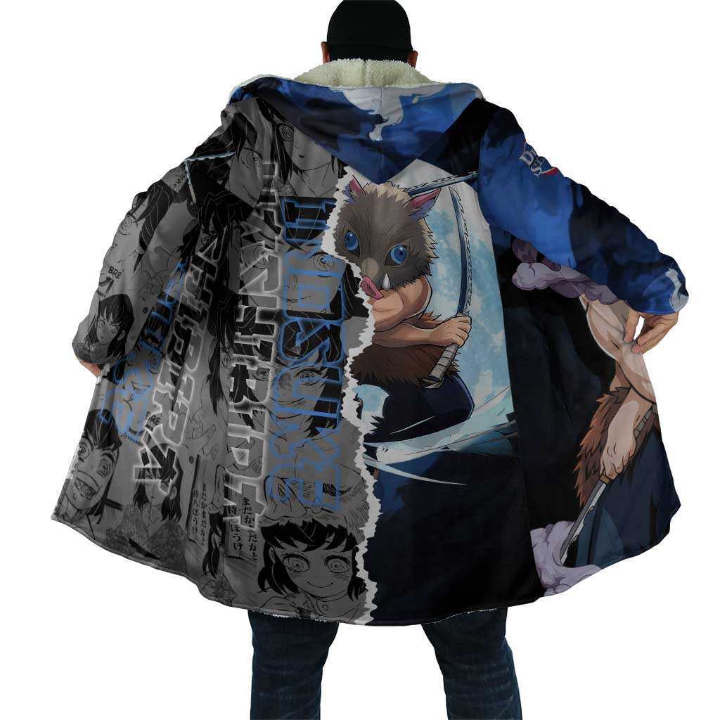 Inosuke Demon Slayer Blue and Black Theme Cloak with Boar Mask and Manga Collage Action Design - The Mazicc