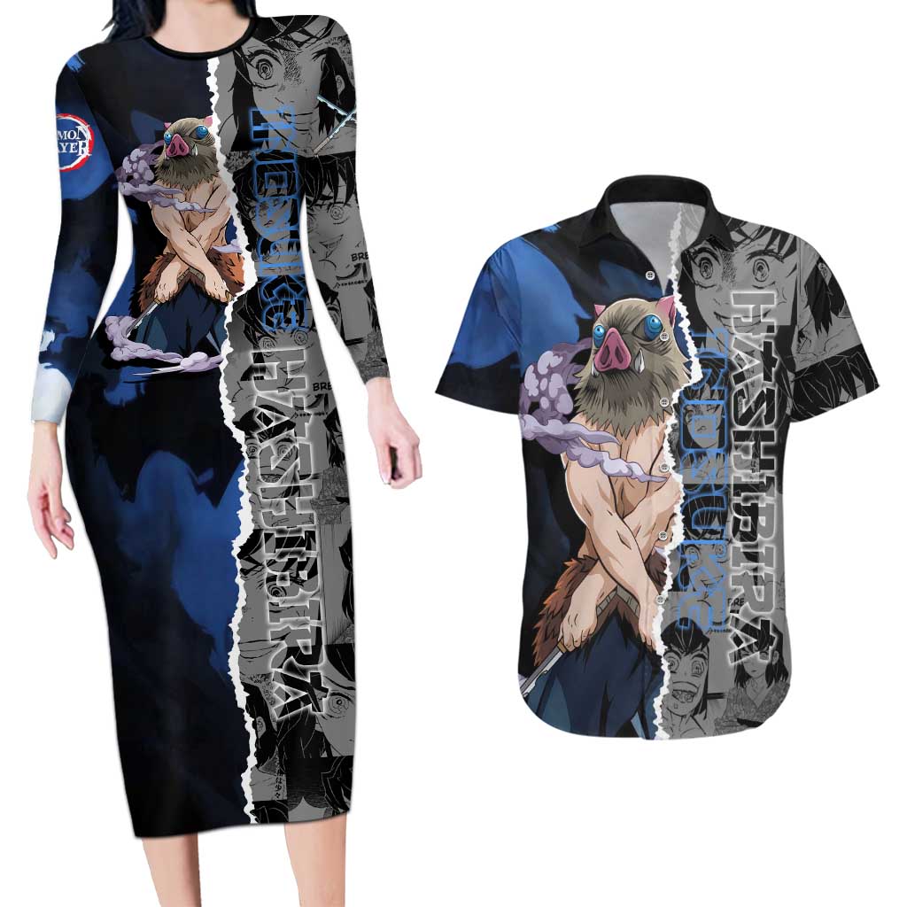Inosuke Demon Slayer Blue and Black Theme Couples Matching Long Sleeve Bodycon Dress and Hawaiian Shirt with Boar Mask and Manga Collage Action Design - The Mazicc