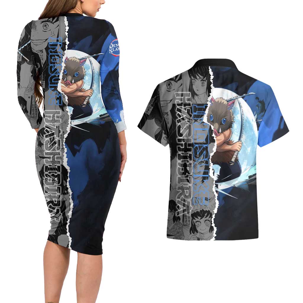 Inosuke Demon Slayer Blue and Black Theme Couples Matching Long Sleeve Bodycon Dress and Hawaiian Shirt with Boar Mask and Manga Collage Action Design - The Mazicc