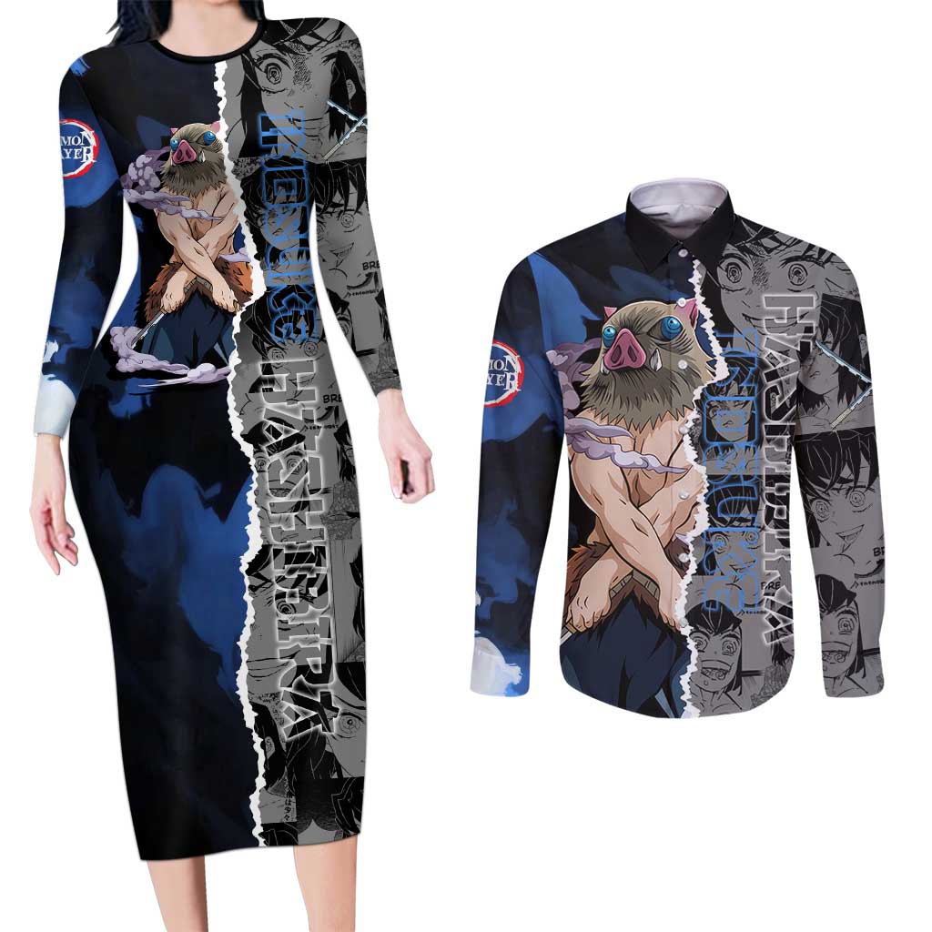 Inosuke Demon Slayer Blue and Black Theme Couples Matching Long Sleeve Bodycon Dress and Long Sleeve Button Shirt with Boar Mask and Manga Collage Action Design - The Mazicc