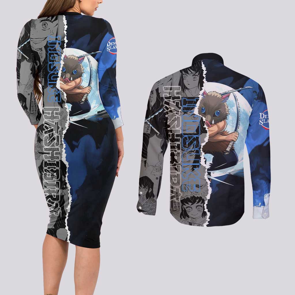 Inosuke Demon Slayer Blue and Black Theme Couples Matching Long Sleeve Bodycon Dress and Long Sleeve Button Shirt with Boar Mask and Manga Collage Action Design - The Mazicc