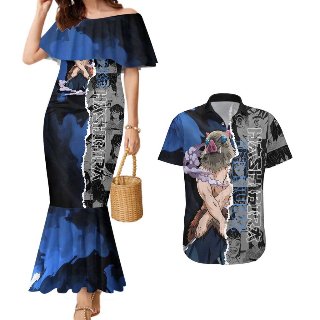 Inosuke Demon Slayer Blue and Black Theme Couples Matching Mermaid Dress and Hawaiian Shirt with Boar Mask and Manga Collage Action Design - The Mazicc