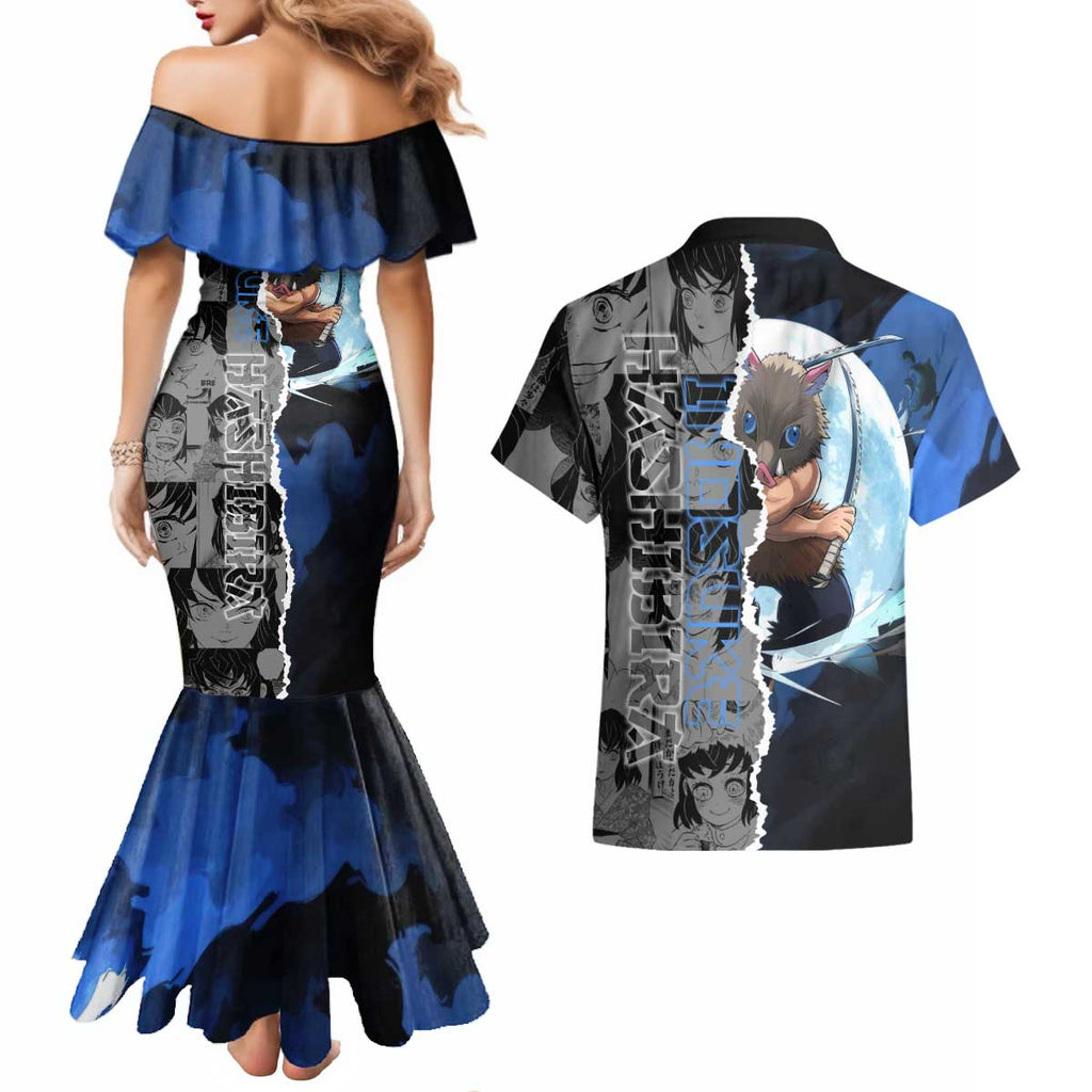 Inosuke Demon Slayer Blue and Black Theme Couples Matching Mermaid Dress and Hawaiian Shirt with Boar Mask and Manga Collage Action Design - The Mazicc
