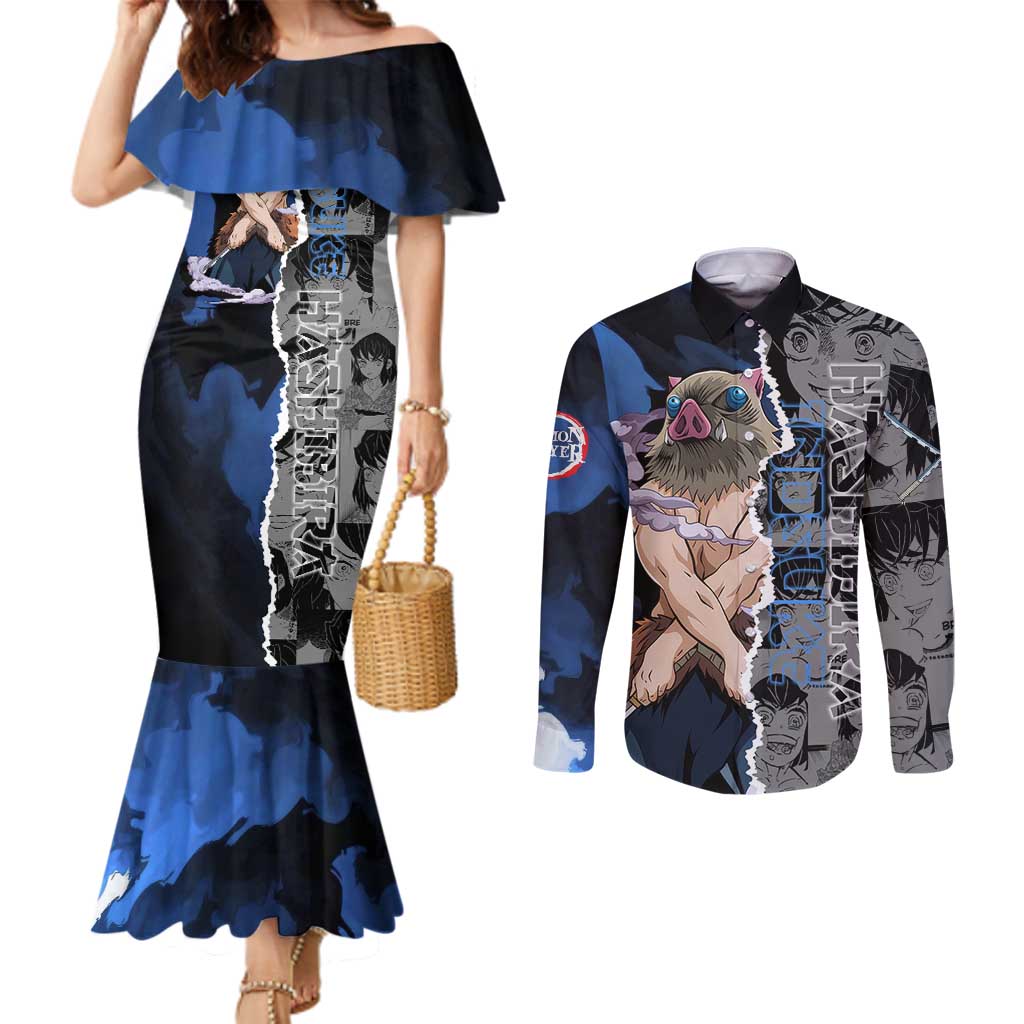 Inosuke Demon Slayer Blue and Black Theme Couples Matching Mermaid Dress and Long Sleeve Button Shirt with Boar Mask and Manga Collage Action Design - The Mazicc