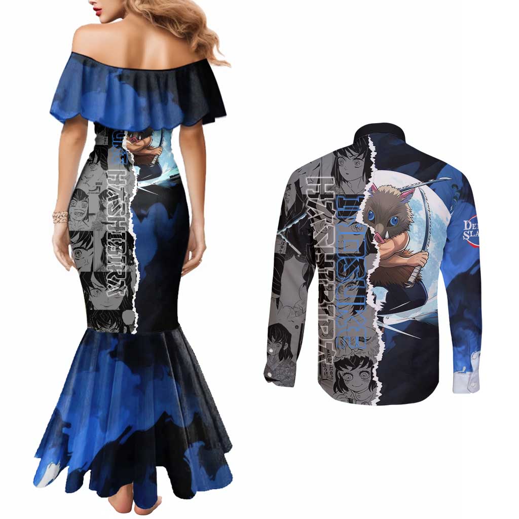 Inosuke Demon Slayer Blue and Black Theme Couples Matching Mermaid Dress and Long Sleeve Button Shirt with Boar Mask and Manga Collage Action Design - The Mazicc