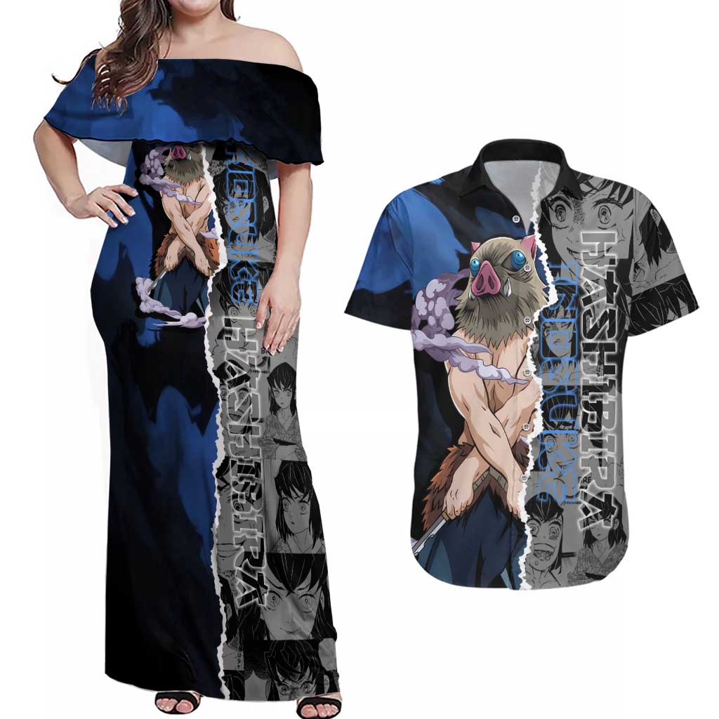 Inosuke Demon Slayer Blue and Black Theme Couples Matching Off Shoulder Maxi Dress and Hawaiian Shirt with Boar Mask and Manga Collage Action Design - The Mazicc