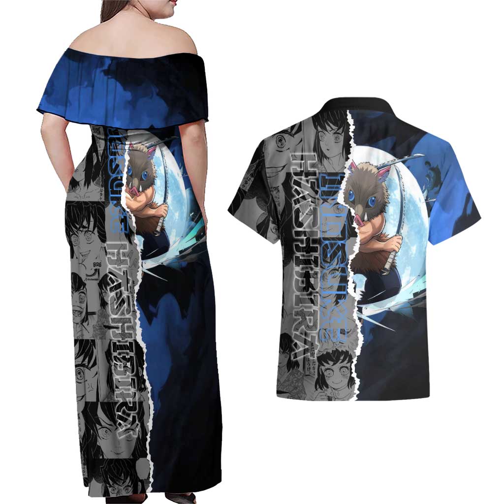 Inosuke Demon Slayer Blue and Black Theme Couples Matching Off Shoulder Maxi Dress and Hawaiian Shirt with Boar Mask and Manga Collage Action Design - The Mazicc