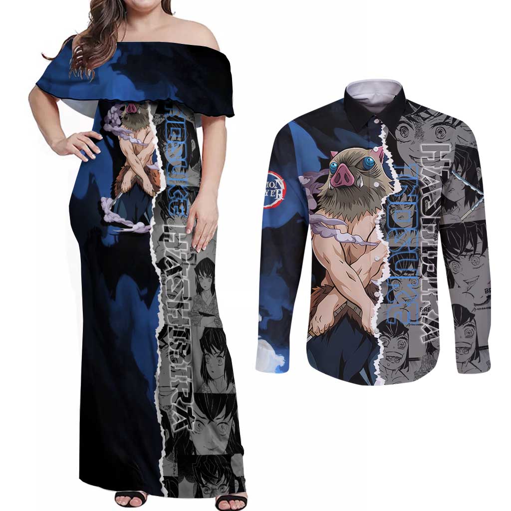 Inosuke Demon Slayer Blue and Black Theme Couples Matching Off Shoulder Maxi Dress and Long Sleeve Button Shirt with Boar Mask and Manga Collage Action Design - The Mazicc