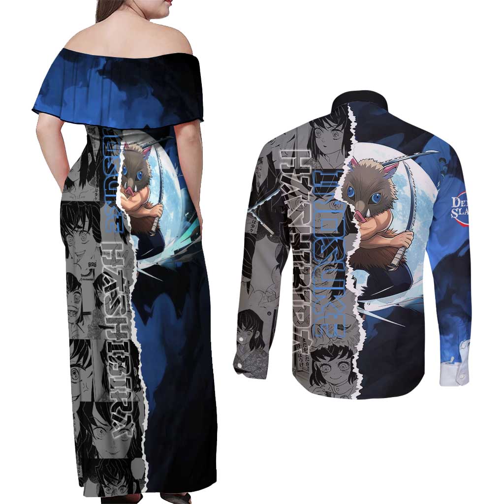 Inosuke Demon Slayer Blue and Black Theme Couples Matching Off Shoulder Maxi Dress and Long Sleeve Button Shirt with Boar Mask and Manga Collage Action Design - The Mazicc