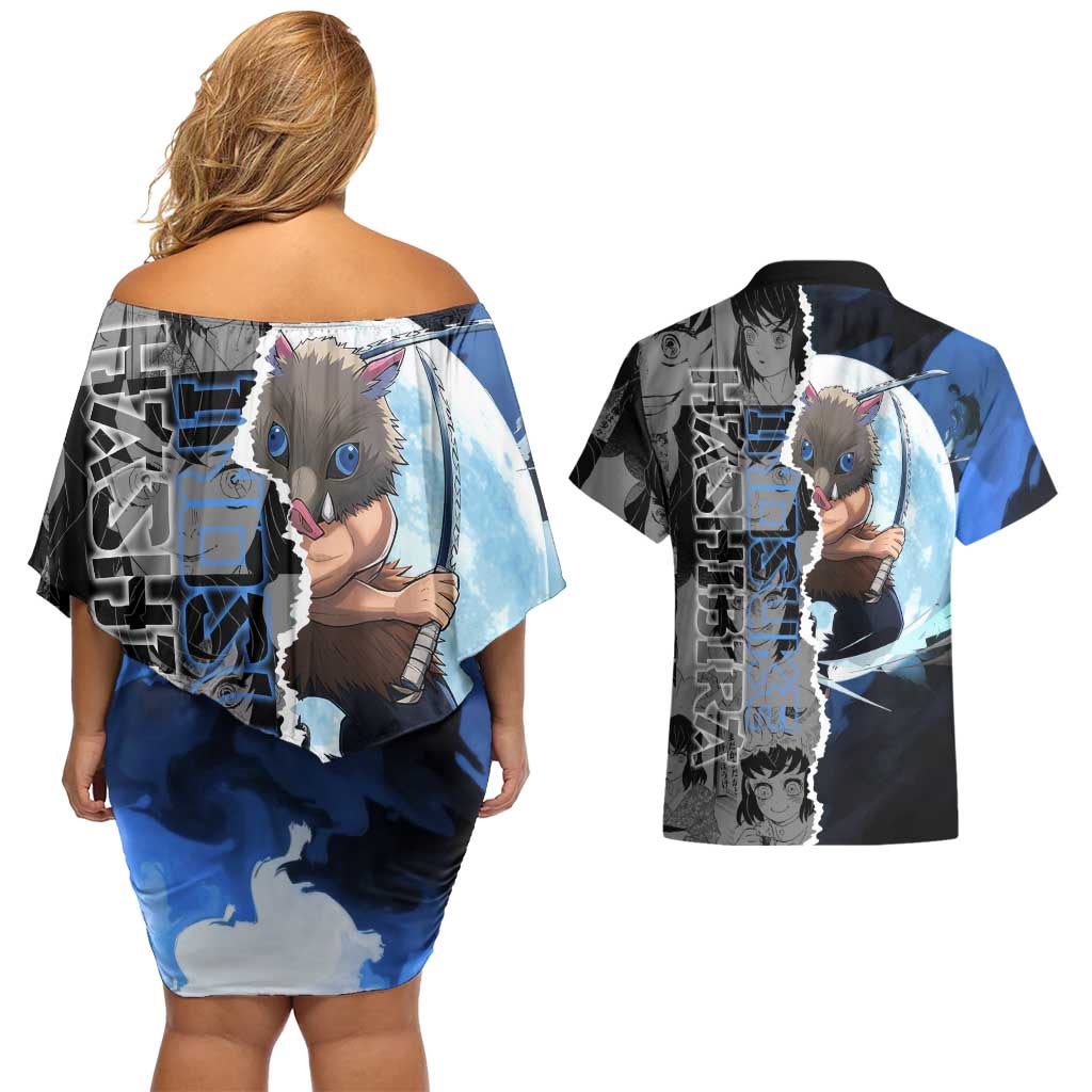 Inosuke Demon Slayer Blue and Black Theme Couples Matching Off Shoulder Short Dress and Hawaiian Shirt with Boar Mask and Manga Collage Action Design - The Mazicc
