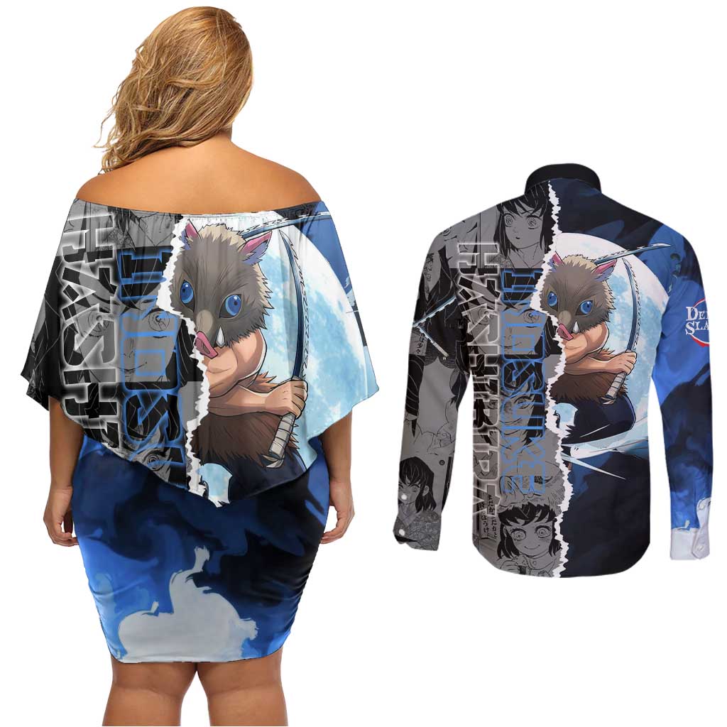 Inosuke Demon Slayer Blue and Black Theme Couples Matching Off Shoulder Short Dress and Long Sleeve Button Shirt with Boar Mask and Manga Collage Action Design - The Mazicc