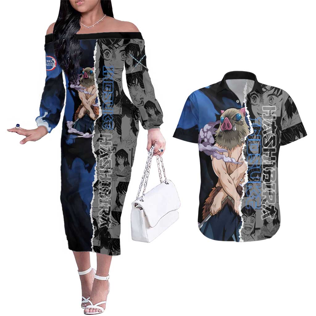 Inosuke Demon Slayer Blue and Black Theme Couples Matching Off The Shoulder Long Sleeve Dress and Hawaiian Shirt with Boar Mask and Manga Collage Action Design - The Mazicc