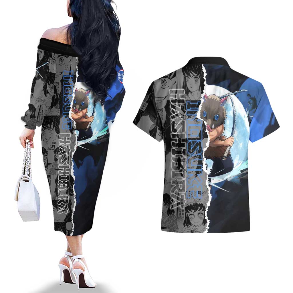 Inosuke Demon Slayer Blue and Black Theme Couples Matching Off The Shoulder Long Sleeve Dress and Hawaiian Shirt with Boar Mask and Manga Collage Action Design - The Mazicc