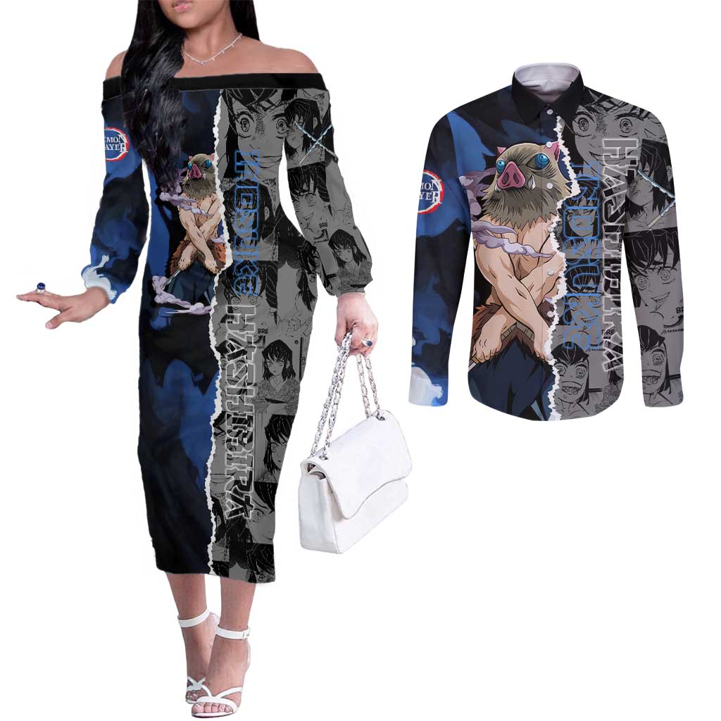 Inosuke Demon Slayer Blue and Black Theme Couples Matching Off The Shoulder Long Sleeve Dress and Long Sleeve Button Shirt with Boar Mask and Manga Collage Action Design - The Mazicc