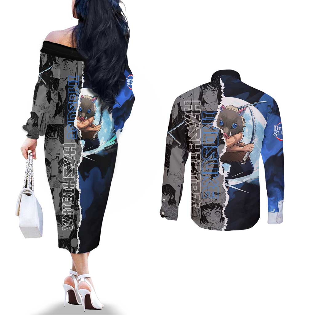 Inosuke Demon Slayer Blue and Black Theme Couples Matching Off The Shoulder Long Sleeve Dress and Long Sleeve Button Shirt with Boar Mask and Manga Collage Action Design - The Mazicc