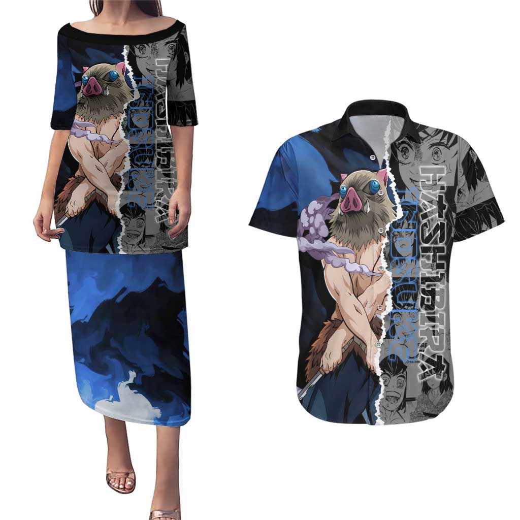 Inosuke Demon Slayer Blue and Black Theme Couples Matching Puletasi and Hawaiian Shirt with Boar Mask and Manga Collage Action Design - The Mazicc