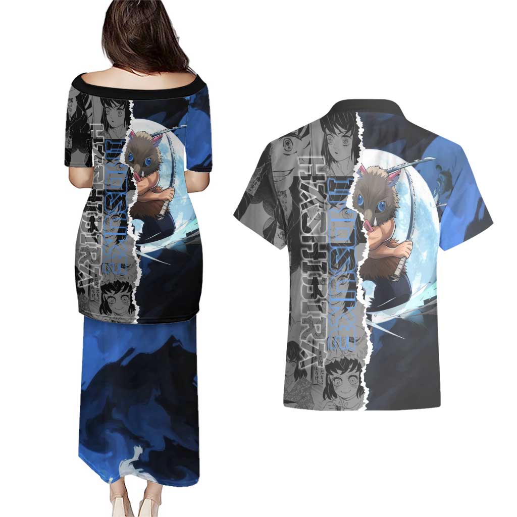 Inosuke Demon Slayer Blue and Black Theme Couples Matching Puletasi and Hawaiian Shirt with Boar Mask and Manga Collage Action Design - The Mazicc