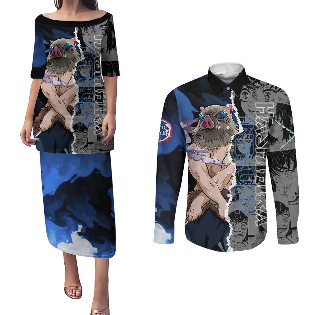 Inosuke Demon Slayer Blue and Black Theme Couples Matching Puletasi and Long Sleeve Button Shirt with Boar Mask and Manga Collage Action Design - The Mazicc