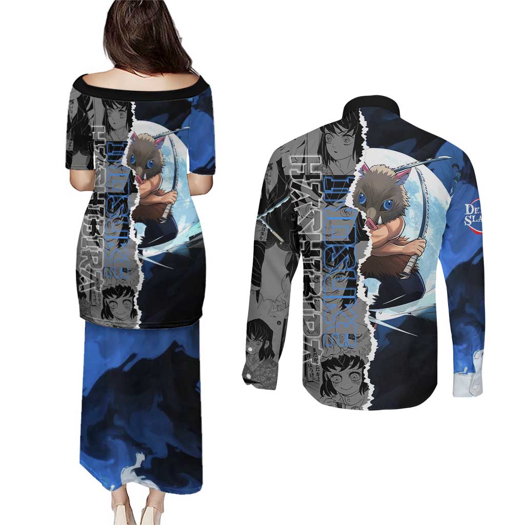 Inosuke Demon Slayer Blue and Black Theme Couples Matching Puletasi and Long Sleeve Button Shirt with Boar Mask and Manga Collage Action Design - The Mazicc