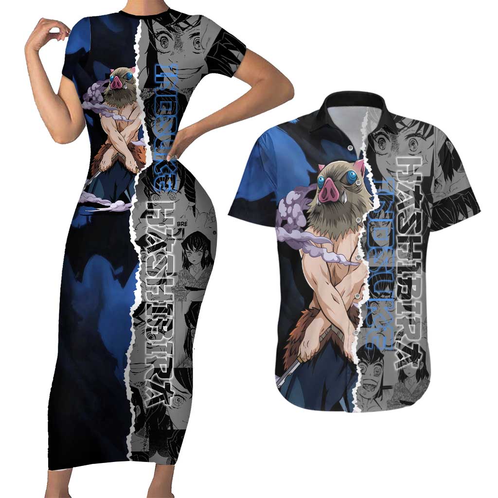 Inosuke Demon Slayer Blue and Black Theme Couples Matching Short Sleeve Bodycon Dress and Hawaiian Shirt with Boar Mask and Manga Collage Action Design - The Mazicc
