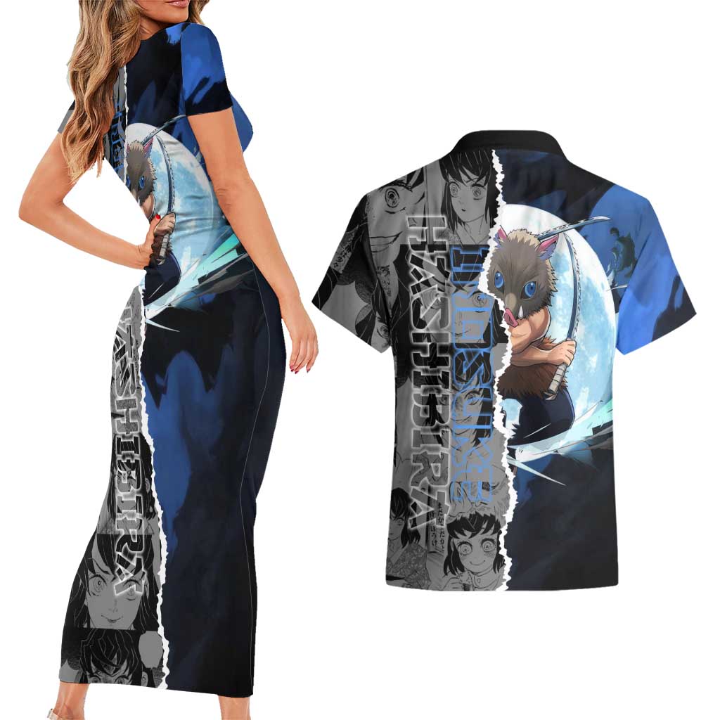 Inosuke Demon Slayer Blue and Black Theme Couples Matching Short Sleeve Bodycon Dress and Hawaiian Shirt with Boar Mask and Manga Collage Action Design - The Mazicc