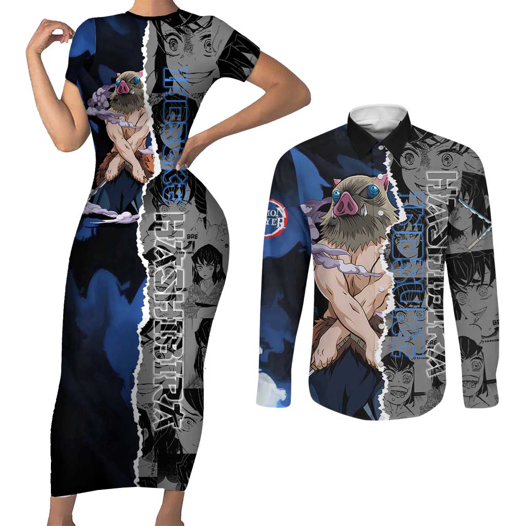 Inosuke Demon Slayer Blue and Black Theme Couples Matching Short Sleeve Bodycon Dress and Long Sleeve Button Shirt with Boar Mask and Manga Collage Action Design - The Mazicc