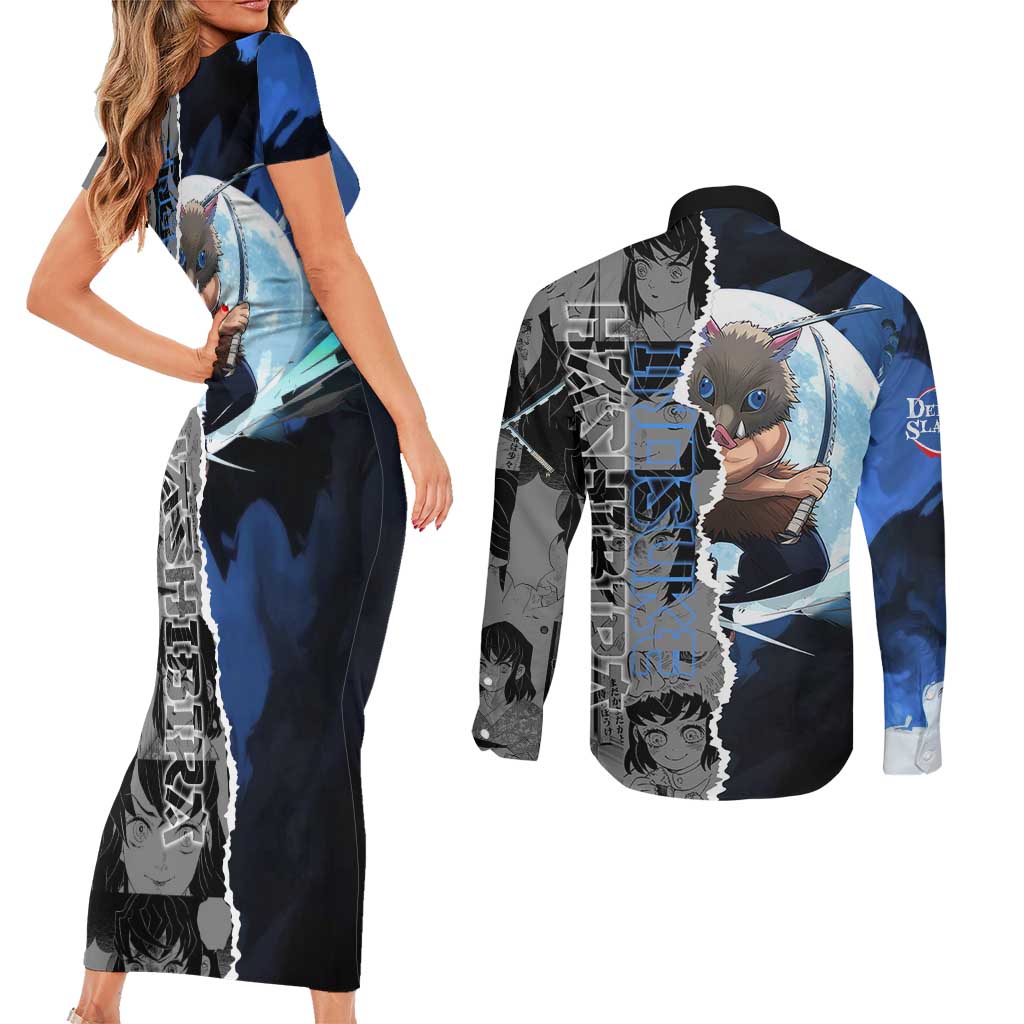 Inosuke Demon Slayer Blue and Black Theme Couples Matching Short Sleeve Bodycon Dress and Long Sleeve Button Shirt with Boar Mask and Manga Collage Action Design - The Mazicc