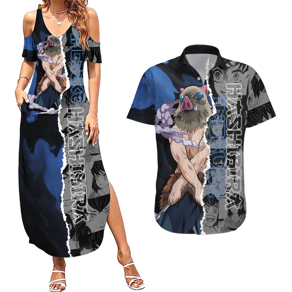 Inosuke Demon Slayer Blue and Black Theme Couples Matching Summer Maxi Dress and Hawaiian Shirt with Boar Mask and Manga Collage Action Design - The Mazicc