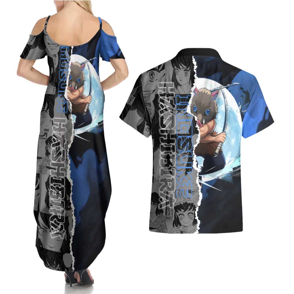 Inosuke Demon Slayer Blue and Black Theme Couples Matching Summer Maxi Dress and Hawaiian Shirt with Boar Mask and Manga Collage Action Design - The Mazicc