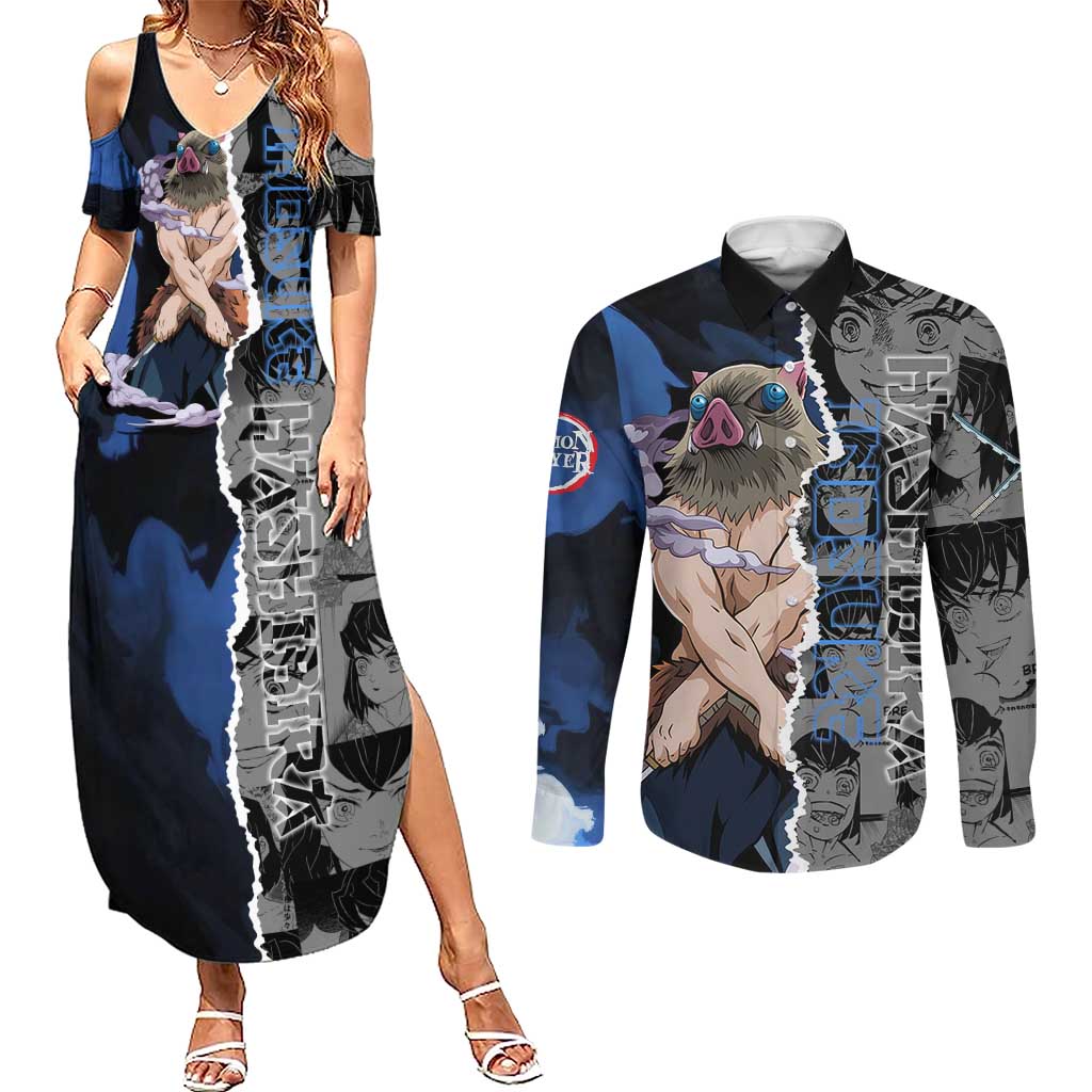 Inosuke Demon Slayer Blue and Black Theme Couples Matching Summer Maxi Dress and Long Sleeve Button Shirt with Boar Mask and Manga Collage Action Design - The Mazicc