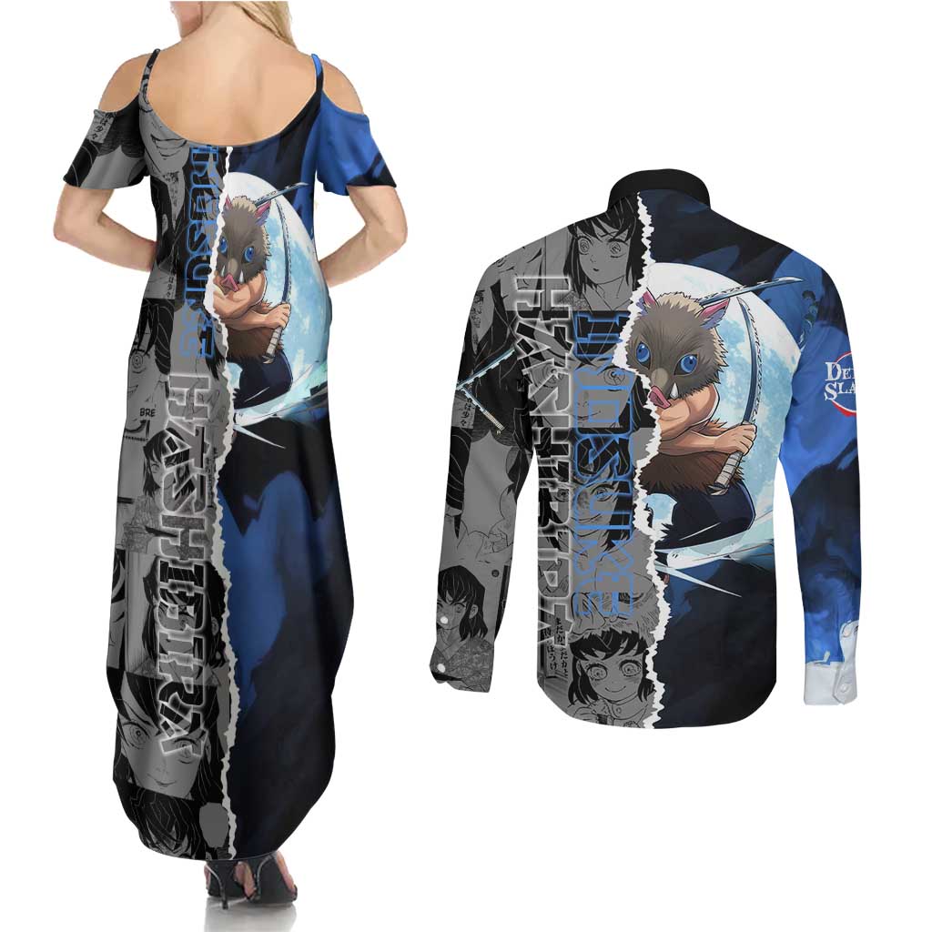 Inosuke Demon Slayer Blue and Black Theme Couples Matching Summer Maxi Dress and Long Sleeve Button Shirt with Boar Mask and Manga Collage Action Design - The Mazicc