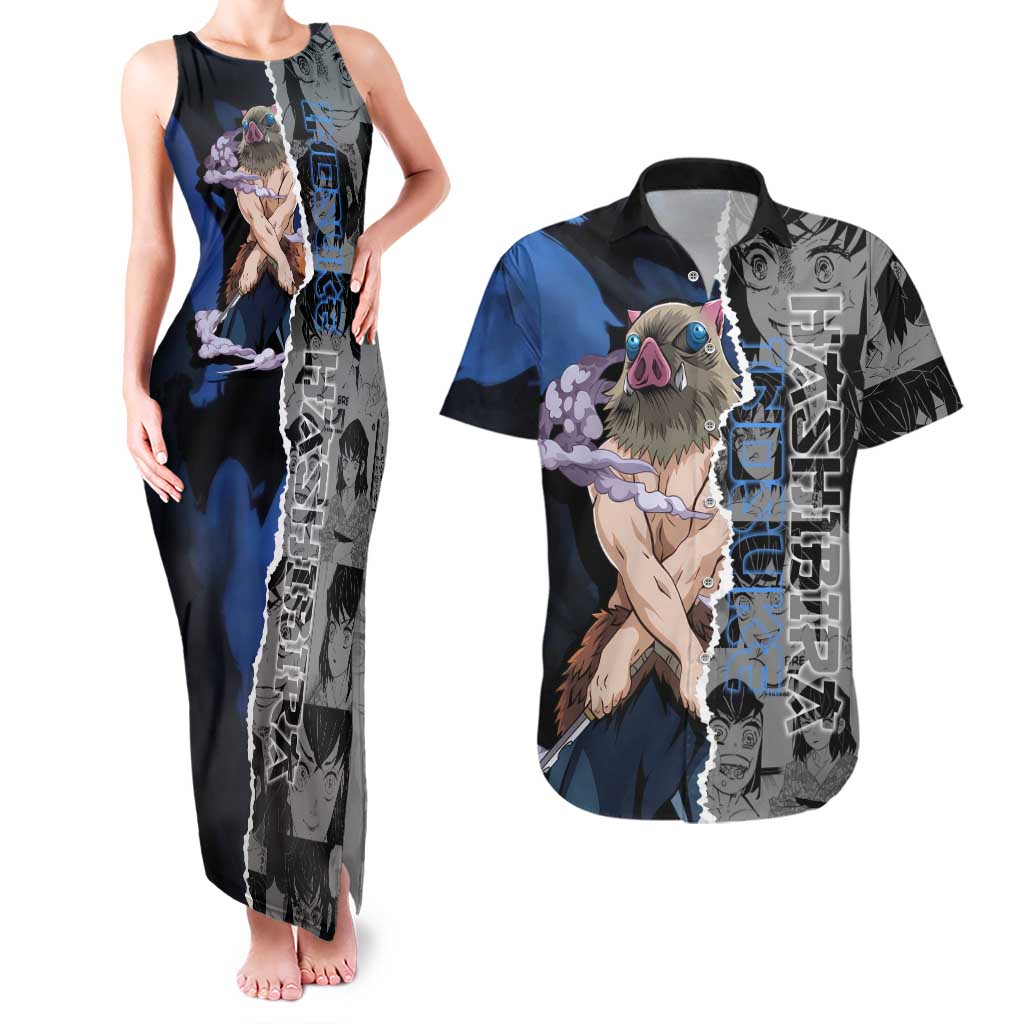Inosuke Demon Slayer Blue and Black Theme Couples Matching Tank Maxi Dress and Hawaiian Shirt with Boar Mask and Manga Collage Action Design - The Mazicc
