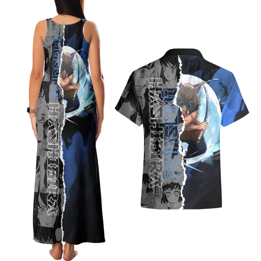 Inosuke Demon Slayer Blue and Black Theme Couples Matching Tank Maxi Dress and Hawaiian Shirt with Boar Mask and Manga Collage Action Design - The Mazicc