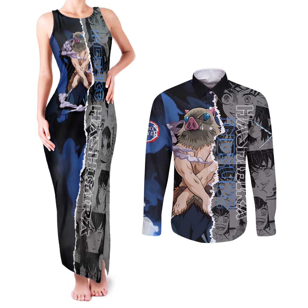 Inosuke Demon Slayer Blue and Black Theme Couples Matching Tank Maxi Dress and Long Sleeve Button Shirt with Boar Mask and Manga Collage Action Design - The Mazicc