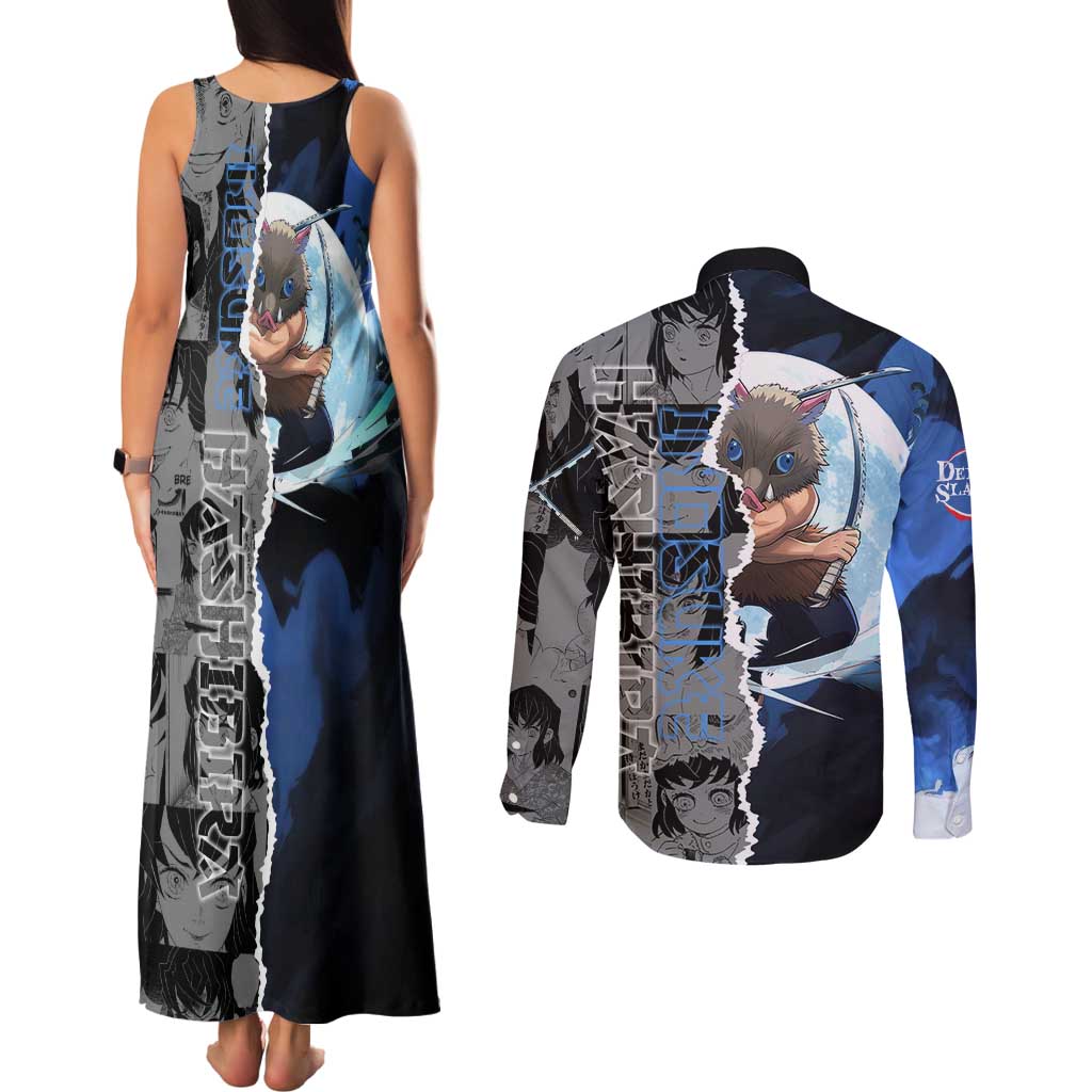 Inosuke Demon Slayer Blue and Black Theme Couples Matching Tank Maxi Dress and Long Sleeve Button Shirt with Boar Mask and Manga Collage Action Design - The Mazicc