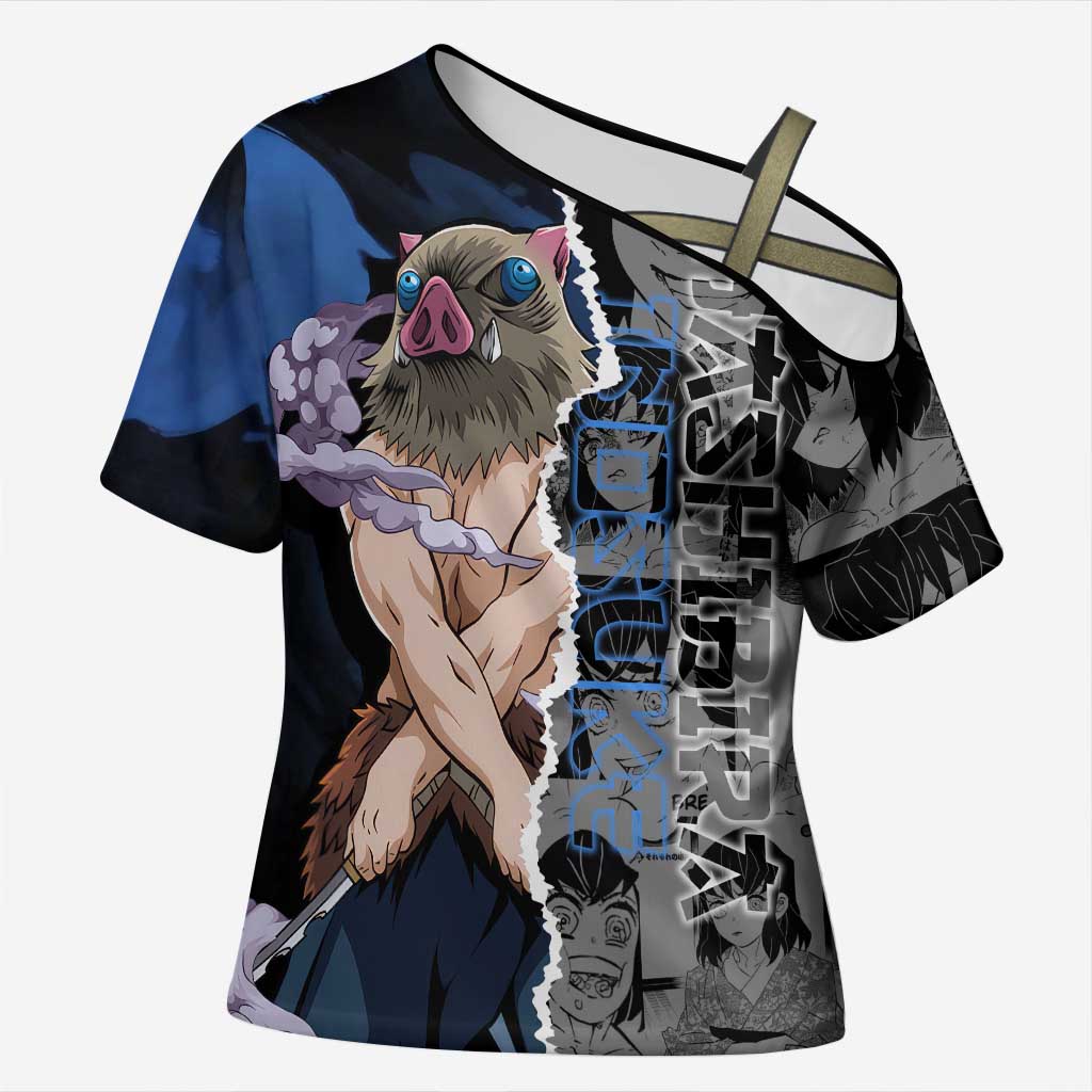 Inosuke Demon Slayer Blue and Black Theme Cross Shoulder Shirt with Boar Mask and Manga Collage Action Design - The Mazicc