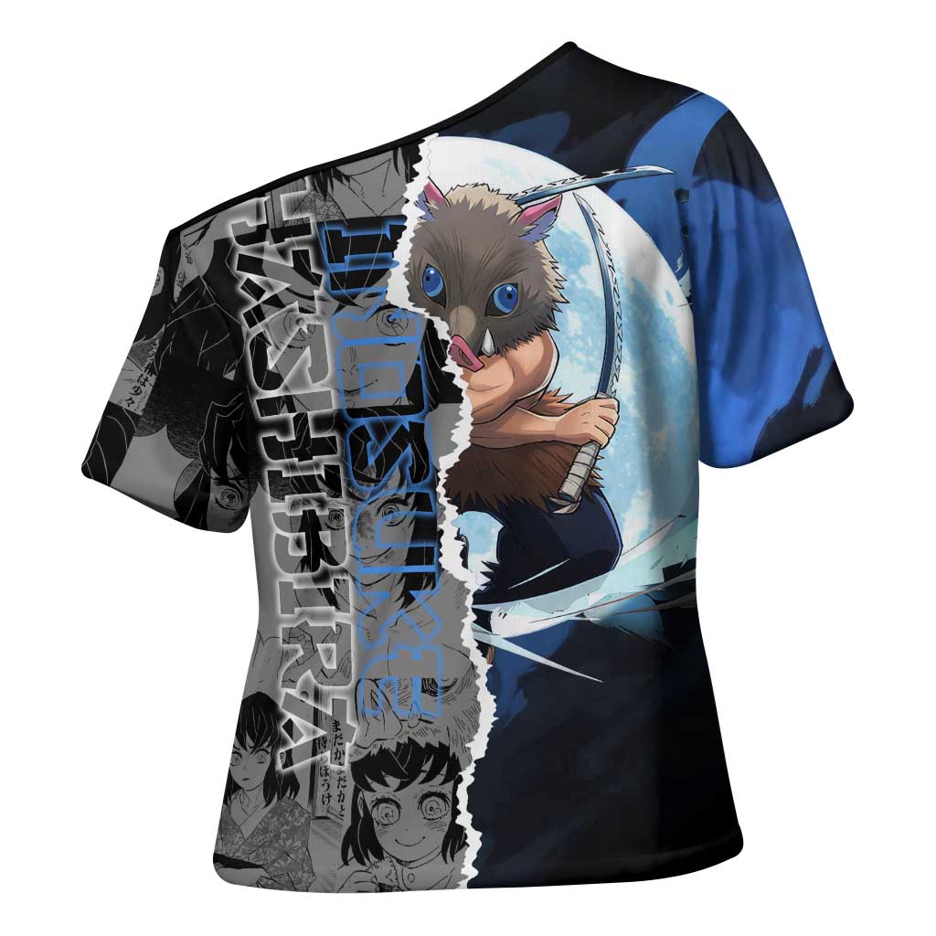 Inosuke Demon Slayer Blue and Black Theme Cross Shoulder Shirt with Boar Mask and Manga Collage Action Design - The Mazicc