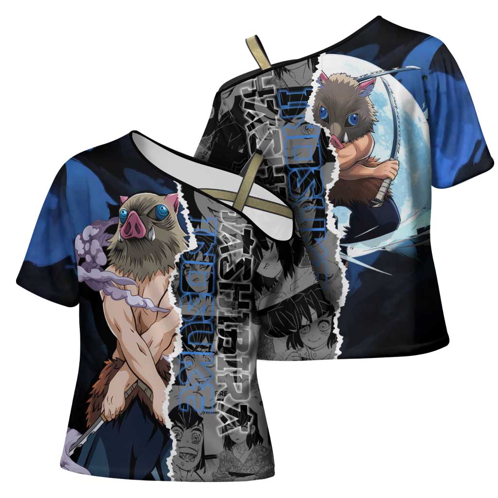 Inosuke Demon Slayer Blue and Black Theme Cross Shoulder Shirt with Boar Mask and Manga Collage Action Design - The Mazicc