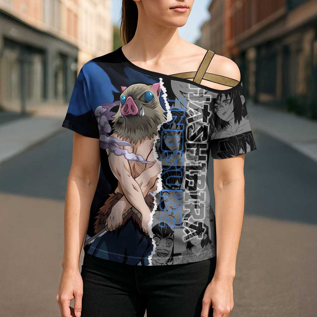 Inosuke Demon Slayer Blue and Black Theme Cross Shoulder Shirt with Boar Mask and Manga Collage Action Design - The Mazicc