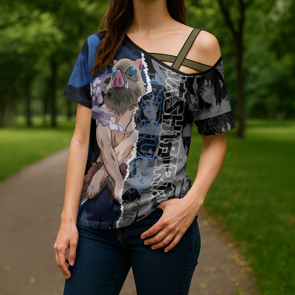 Inosuke Demon Slayer Blue and Black Theme Cross Shoulder Shirt with Boar Mask and Manga Collage Action Design - The Mazicc