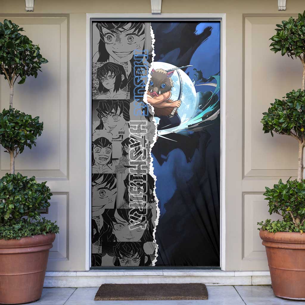 Inosuke Demon Slayer Blue and Black Theme Door Cover with Boar Mask and Manga Collage Action Design - The Mazicc